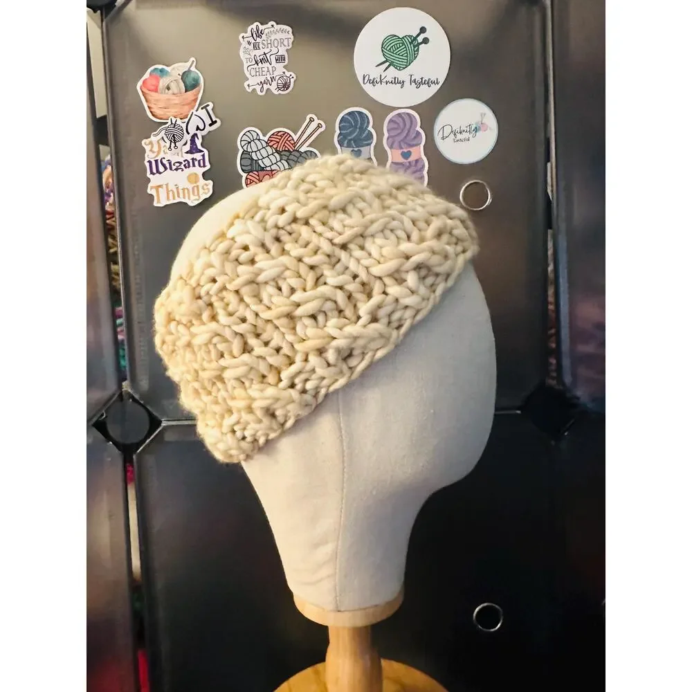 Hand Knit Merino Wool Headband - Lean On Me Design - Ivory Merino Wool